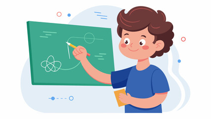 A child playfully scribbling out lines of code on an interactive whiteboard as they learn the basics of programming.. Vector illustration