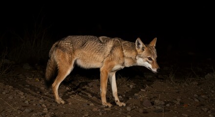 Fototapeta premium Nocturnal predator: Arabian wolf captured by wildlife camera on the prowl