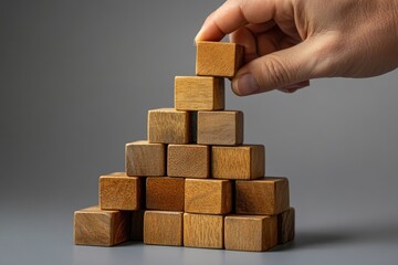 Building a pyramid of wooden blocks.  A hand carefully places a block atop a growing pyramid structure
