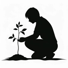 The Act of Nurturing Life: A silhouette of an individual devotedly planting a young tree, a symbolic gesture of environmental stewardship and growth.