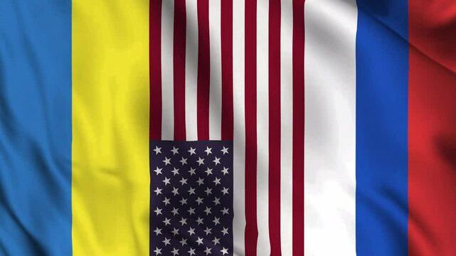 Horizontally aligned Ukraine, USA, and Russia flags wave in realistic animation. The sequence exhibits seamless, organic movement, symbolizing US mediation and evolving international relationships.
