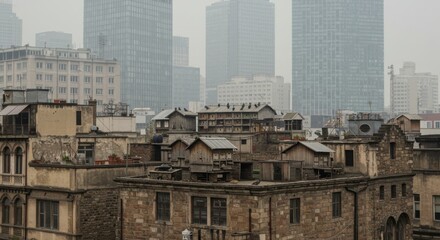 Fototapeta premium Juxtaposition of urban development featuring rooftop pigeon coops and modern skyscrapers