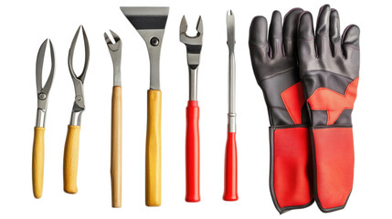 Barbecue Tools Arrangement: A collection of barbecue tools with gloves in a row, perfectly displayed. Each tool has a specific purpose for outdoor cooking, arranged side by side.