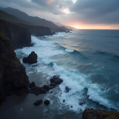 Obraz premium Rugged rocky shoreline cliffs during a morning storm on the California coastline