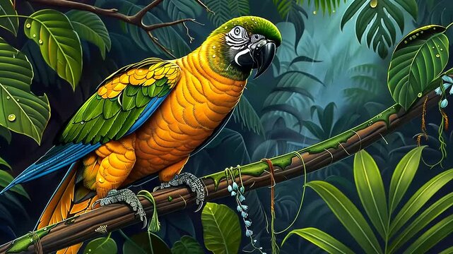 Colorful parrot perched in lush jungle foliage.