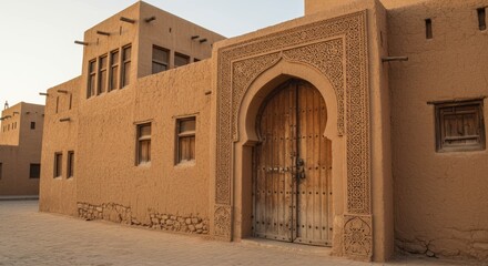Adobe architecture in Oman's village showcasing wooden doors and carved archway