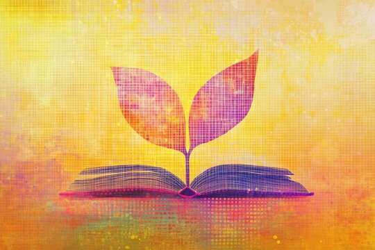 Open book with sprout, vibrant colors