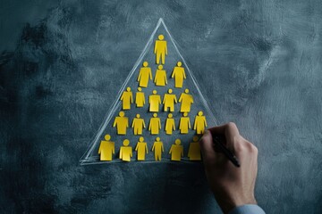 Hand draws hierarchical pyramid chart with yellow figures on dark background