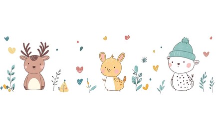 Naklejka premium design cute animal sticker wear suite with line color style more action in white background isolated on white,clip art ,remain space between border each corner and rainbow and toy and hat and heart 