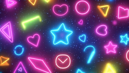Obraz premium 90s neon background pattern with bright and vibrant colors, featuring glowing shapes like circles, triangles, squares, and lines in pink, blue, purple, and yellow tones Generative AI