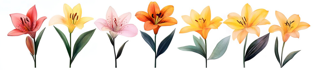 Obraz premium Colorful lilies are depicted in a watercolor botanical painting illustration, placed on a solitary white background, commonly used on greeting cards