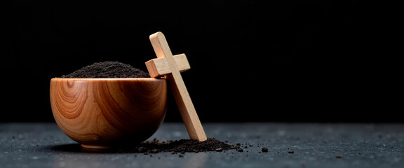 Ashes in a Wooden Bowl with a Cross on a Black Background  