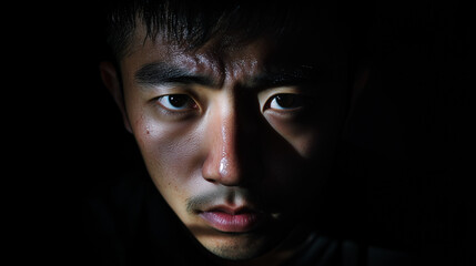 Fototapeta premium isolated face of a person emerging from pure darkness