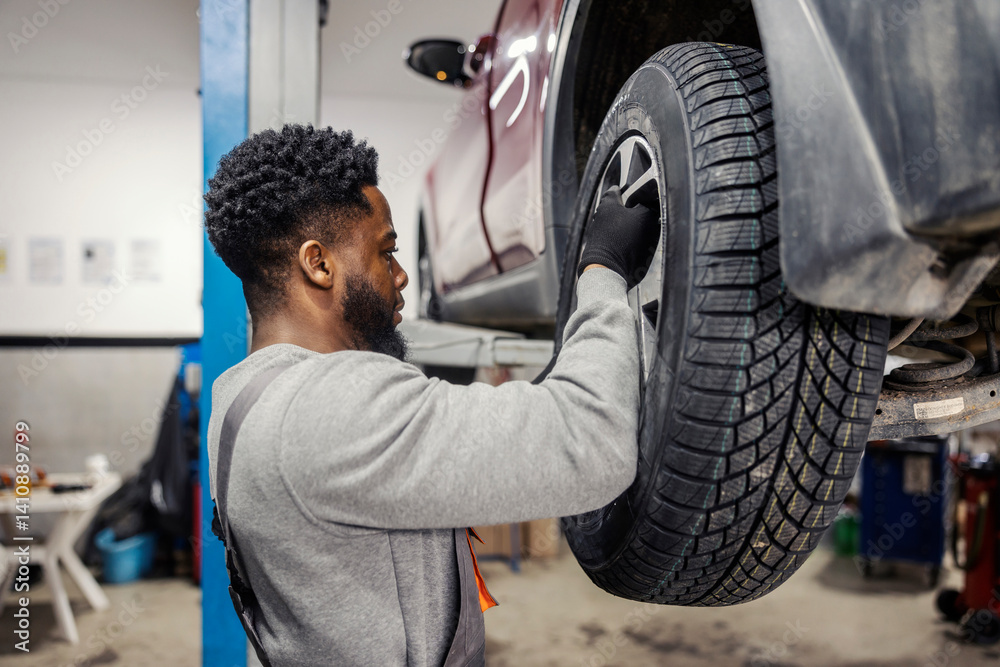 Poster side view of interracial handyman fixing car and changing tire at auto mechanic workshop.