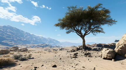 Desert Landscape With Solitary Tree Under Sunny Sky