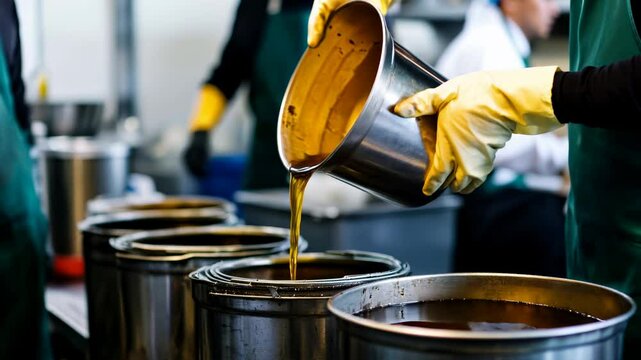 Staff members efficiently collect used frying oil for recycling in a busy restaurant kitchen environment