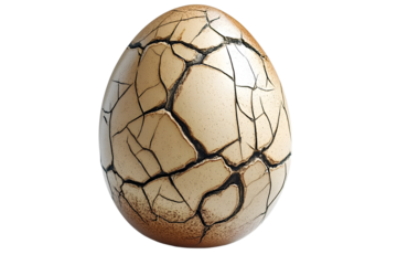 Large cracked dinosaur chicken egg with textured surface and detailed fractures, isolated on white transparent background. Concept of prehistoric life and hatching