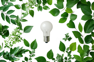 White Lightbulb Surrounded by Lush Green Leaves isolated on a transparent background