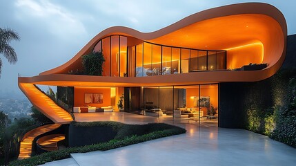 Fototapeta premium Modern Futuristic House With Unique Design Luxurious Living At Dusk Photo