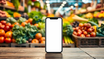 Smartphone on wooden table, blank white screen, grocery store background, colorful produce display