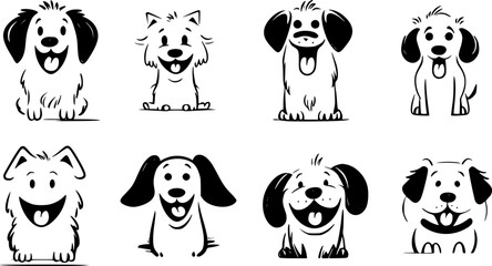 Obraz premium Eight different breeds of happy cartoon dogs showing their tongue, suitable for children books and playful design projects