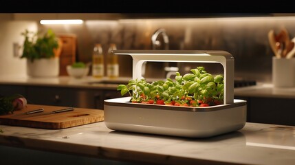 Smart countertop garden compact hydroponic pods growing fresh strawberries and basil in a sleek futuristic kitchen