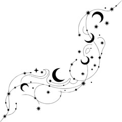 Minimalist Celestial Corner Design: Moons & Stars, Vector Illustration