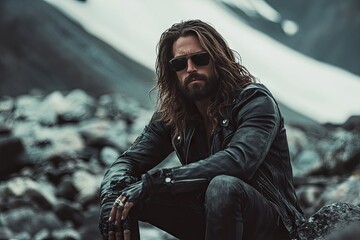 Rugged man with long hair, leather jacket, and sunglasses sits among rocks near a glacier