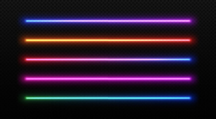 Neon led line light. Glow of laser colorful tubes. Fluorescent stripes dividers. Vector set of isolated futuristic effects on transparent background.