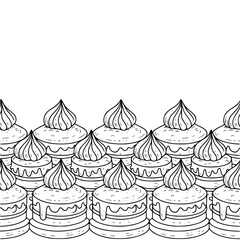 Line Art Cake Pattern: Border of Hand-Drawn Desserts, Black and White