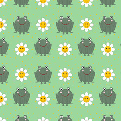 Naklejka premium Pattern with frogs and funny daisies. Funny cartoon green frogs. Amphibians and flowers. Vector illustration