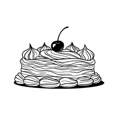 Elegant Vector Cake with Cherry: Black and White Illustration