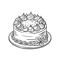 Hand-drawn Birthday Cake Illustration with Cream and Mint Leaves