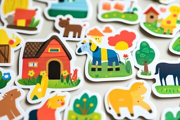 A collection of colorful farm animal and building stickers scattered on a white surface view from above