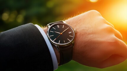 Elegant wristwatch on hand against a sunset background