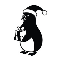 Silhouette of Penguin Wearing Santa Hat Holding Gift