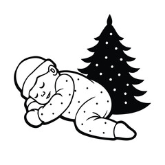 Silhouette of Baby in Christmas Onesie Sleeping Under Tree