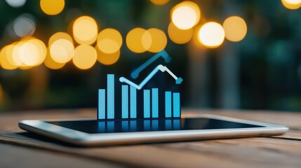 Digital graph display on tablet with blurred lights background