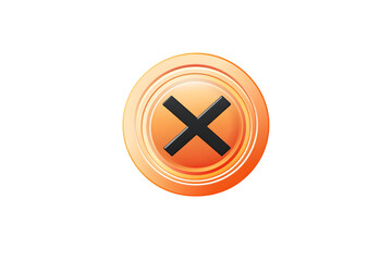 Shiny orange button with a black X symbol. Round shape. Negative icon with slight depth