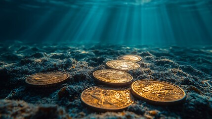 Sunken Treasure Gold Coins Underwater Photo On The Ocean Floor Seascape