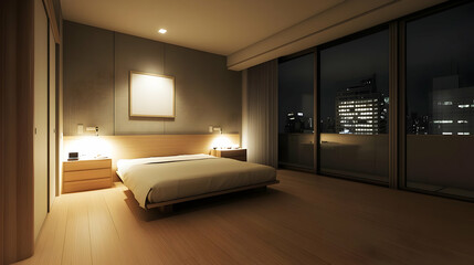 Fototapeta premium Modern Minimalist Bedroom Interior With City View At Night