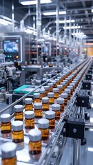 Obraz premium Amber glass vials on industrial conveyor in pharmaceutical factory, representing medicine, technology, precision, and manufacturing
