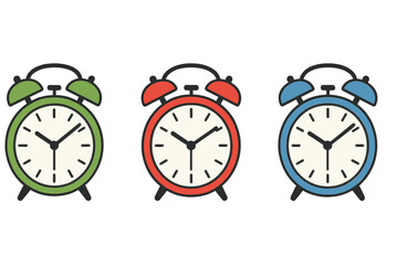 Vector illustration of a set of three alarm clocks in various colors, isolated on a white background in a flat style
