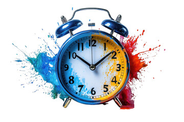 Blue Alarm Clock in Colorful Paint Explosion isolated on transparent background