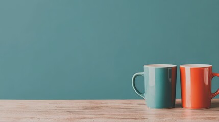 Colorful mugs on wooden table with teal background