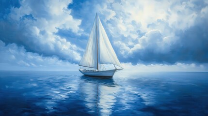 A solitary sailboat sailing upon a tranquil and expansive ocean space