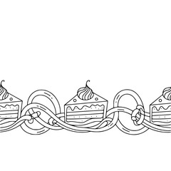 Whimsical Dessert Border: Cake Slices and Pretzel Elements, Line Art