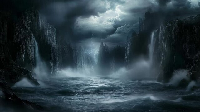 Dark Majestic Waterfalls Flowing Into Stormy Ocean Under Thunderous Skies