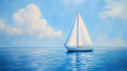 Fototapeta premium A serene sailboat glides across a tranquil ocean under a vast, blue sky.