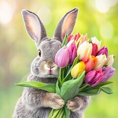 Fototapeta premium Gray bunny holding colorful tulip bouquet in springtime garden setting